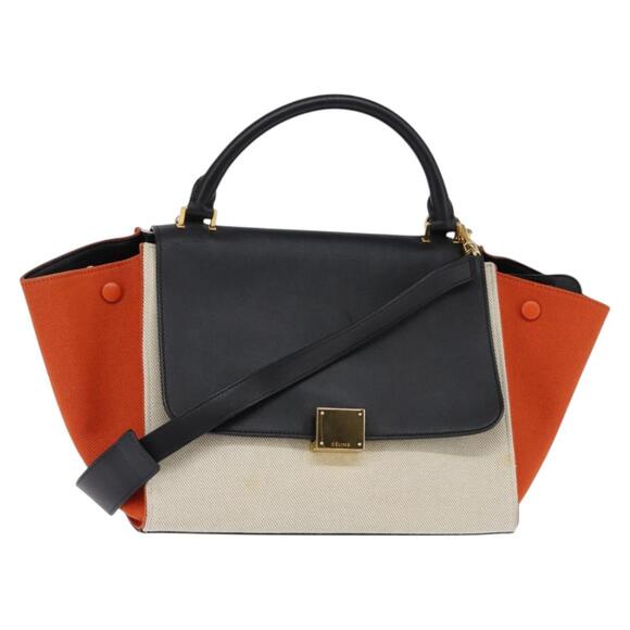 CELINE Trapeze Hand Bag Leather Canvas Beige Black Orange - Picture 1 of 13